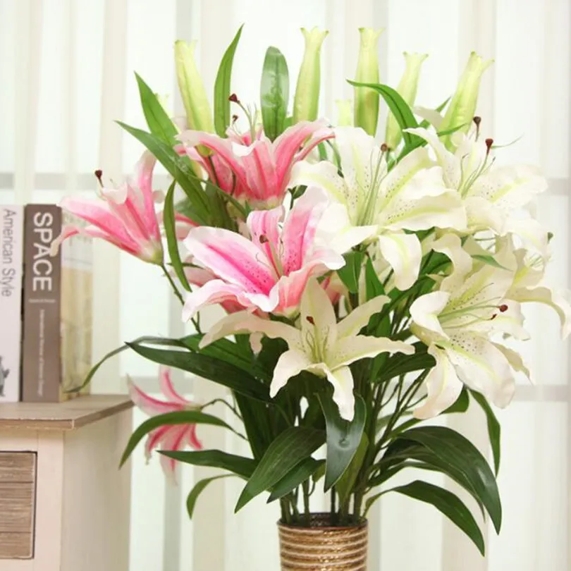 

5Pcs Artificial Lily Flower Lilies two heads & one Bud Floor Mounted Plastics Flowers for Wedding Home Foral Decoration