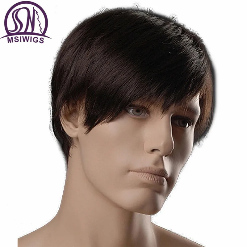 Us 1618 37 Offmsiwigs 6 Inch Pendek Sintetis Lurus Pria Wig Warna Coklat Tua Pria Alami Wig Dengan Sisi Poni Tahan Panas Serat In None Renda Wig