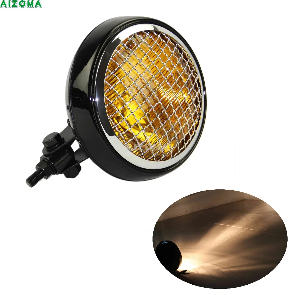 

Custom Amber Lens Headlight Retro Style Mesh Grill Cover Motorcycles Front Light Headlamp For Triumph Harley CB400 Cafe Racer