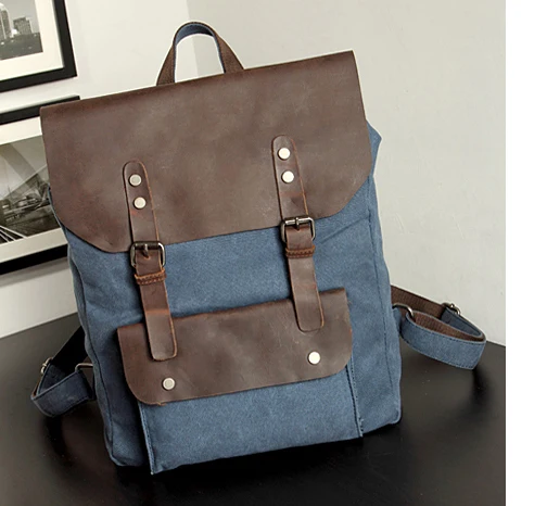 Винтажный кожаный военный холщовый рюкзак, мужской рюкзак wo, мужской школьный рюкзак, школьная сумка,, рюкзак, рюкзак, mochila - Цвет: Blue  Large size