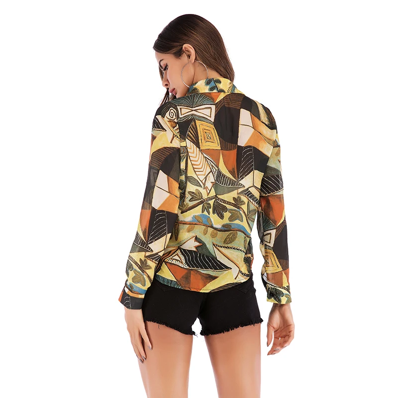 VZFF Blouse Women 2019 Spring And Summer Models Fashion Printed Chiffon Shirt Women Lapel Single-Breasted Shirt Women
