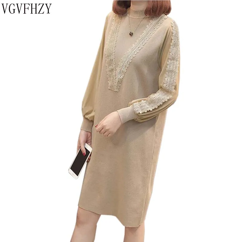

Fashion 2018 Women Autumn Winter Sweater Dresses Slim turtleneck Sexy Lace Patchwork Bodycon Solid Color Knitted Dress LY1338