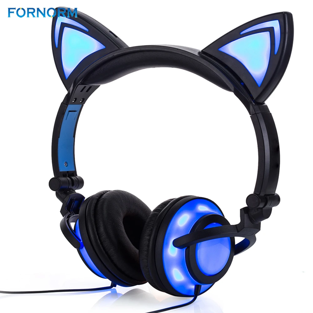 

FORNORM 2018 Girls Headphones and Earphone Cat Ear Shape Head-mounted LED Glow Plastic Adjustable Body Cotton Cap Cute Headset