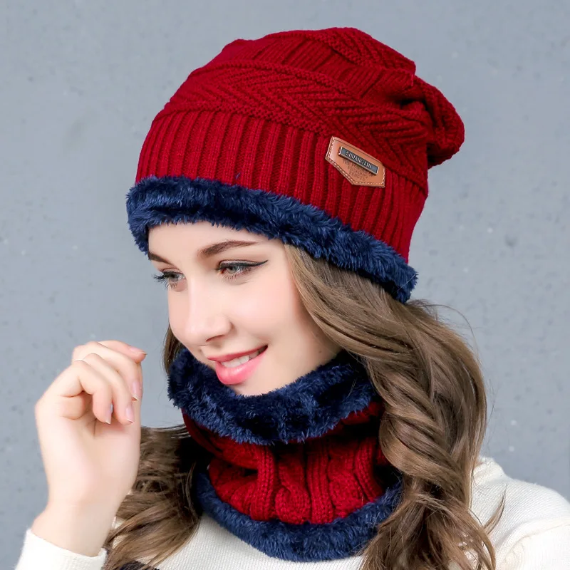 Pom женские зимние шапки мужские и женские корейские шапки Вязаная Шерстяная кепка, рукав, голова теплая зима с бархатной шляпой полная выходная шляпа шарф - Цвет: wine red
