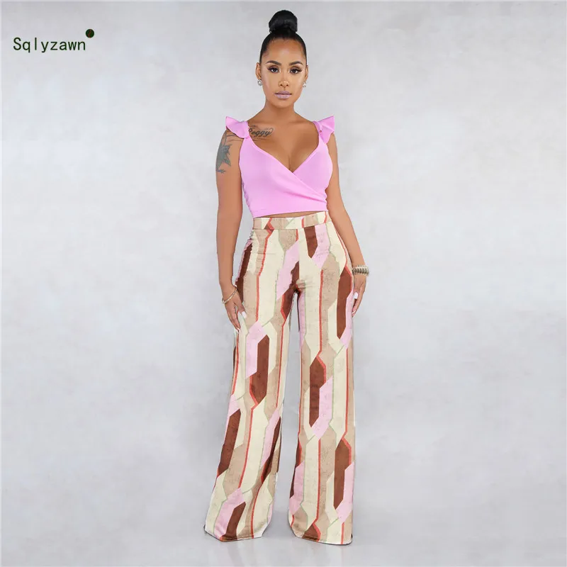 Women 2 Piece Outfits V Neck Ruffle Sleeve Crop Top with Printed Long Palazzo Pants Sets Streetwear Wide Leg Beach Clothes | Женская