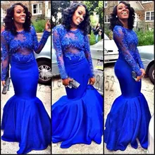 Oansatz Volle Hülsen Royal Blue Lange Partei Dreses Formale Kleider Vestido De Renda Sheer Lace Mermaid Abendkleider