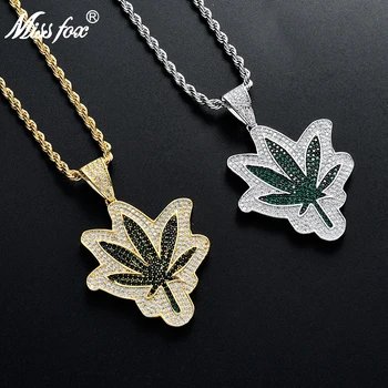 

Missfox Green Maple Leaf Men's Fashion Style Pendant Necklace Copper Full Lab Diamond Gold Necklace Jewelry Best Gift For Man
