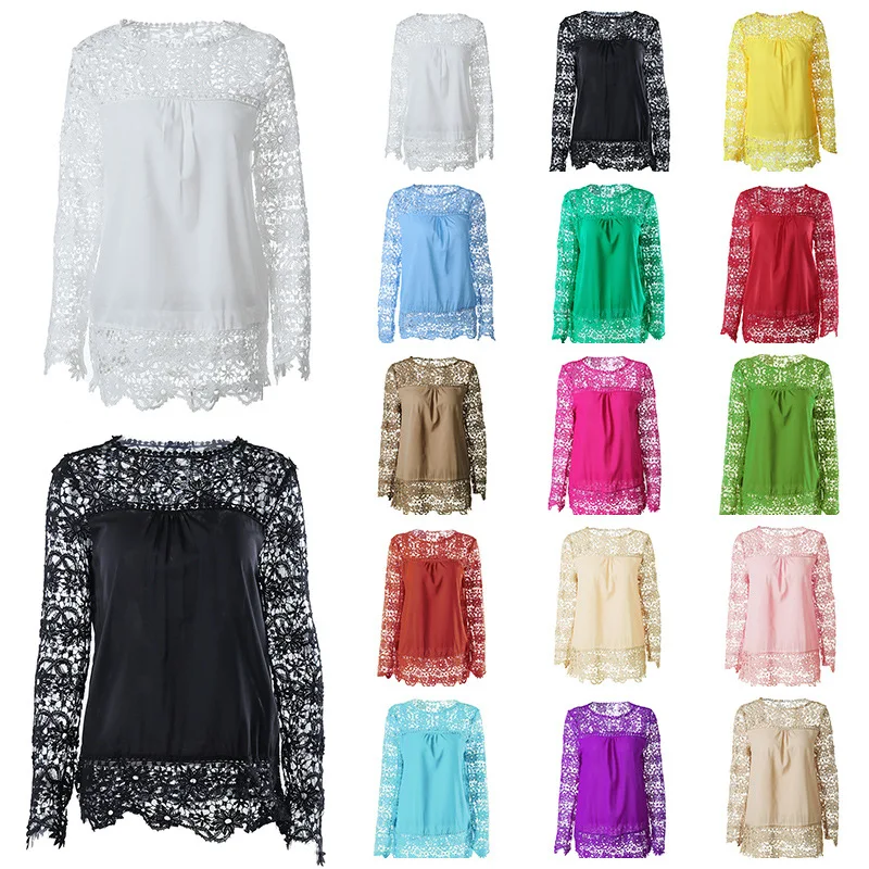 

Lace Chiffon Blouse Hollow Out Jacquard Long Sleeve Shirt 2019 New Spring Summer Womens Tops and Blouses Chemisier Comfortable