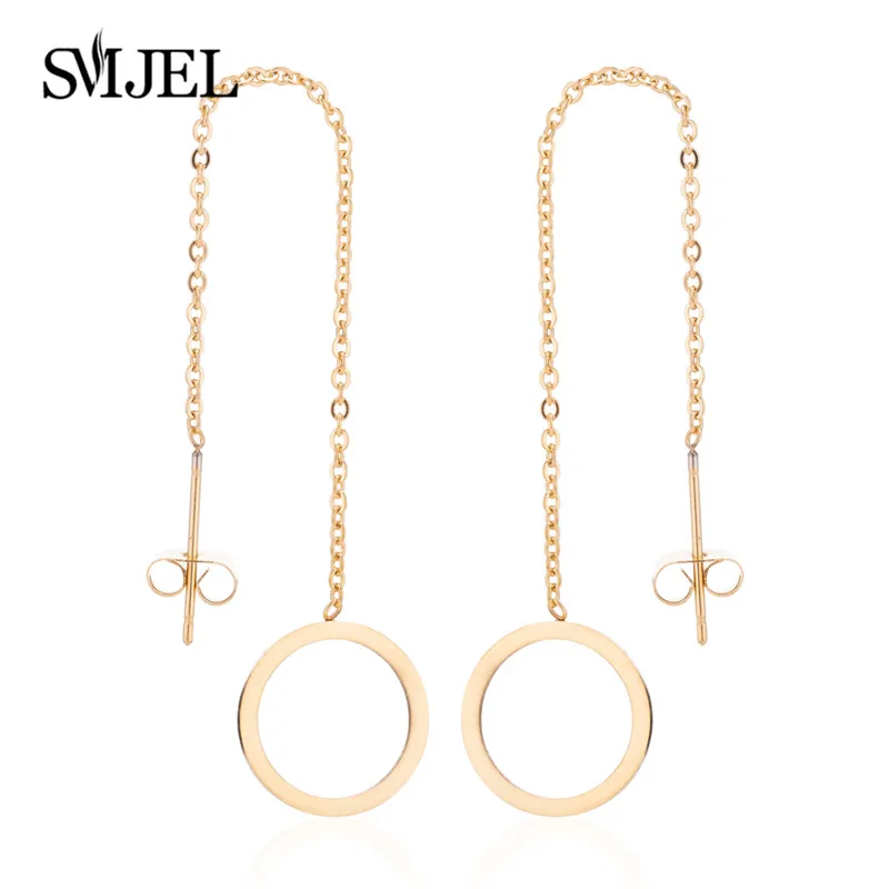SMJEL, круглые висячие серьги из нержавеющей стали, женские круглые нитевидные серьги, длинные серьги, цепочка, модные серьги, ювелирное изделие - Окраска металла: Gold Round GED167