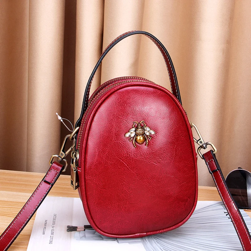

High Quality Small Shoulder Messenger Circular Bags Bee Pattern Tote Handbag Crossbody Cute Genuine Leather Women Top Handle Bag