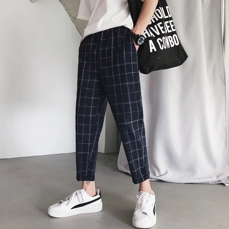 Fashionable Casual Men's Pencil Pants Summer Autumn New M-3XL Plaid Slim Harem Pants Grey Navy Personality Popular Youth