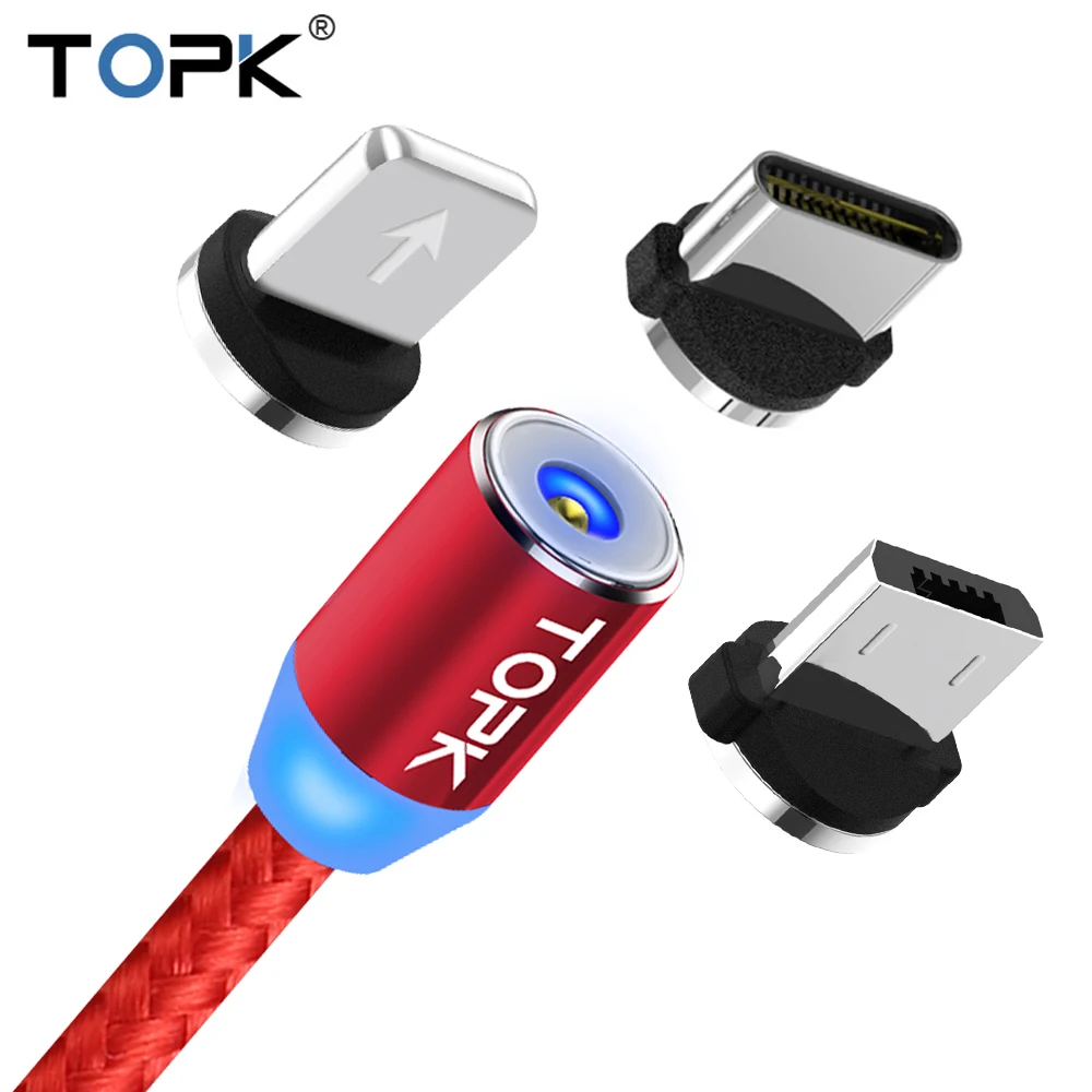 TOPK R-Line2 1M & 2M LED Magnetic Cable & Micro USB Cable & USB Type C Cable Nylon Braided Type-C Magnet Charger Cable USB-C