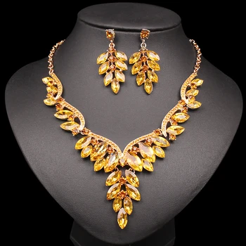 

Fashion Necklace Earrings Set Luxury Dubai Gold Color Jewelry Sets Crystal Bridal Wedding Party Costume Jewellery Gift for Women