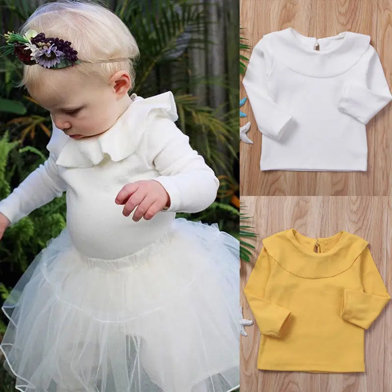 

2018 Newborn Infant Baby Girls Kids Long Sleeve Ruffle Summer Cotton T-shirt Tops Casual Solid Clothes