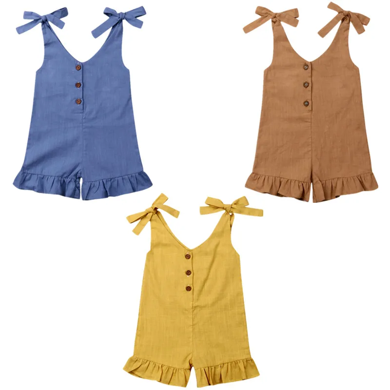 

1-6Yyears Kids Baby Girl Summer Solid Ruffle Romper Jumpsuit Overalls Outfits Sunsuit