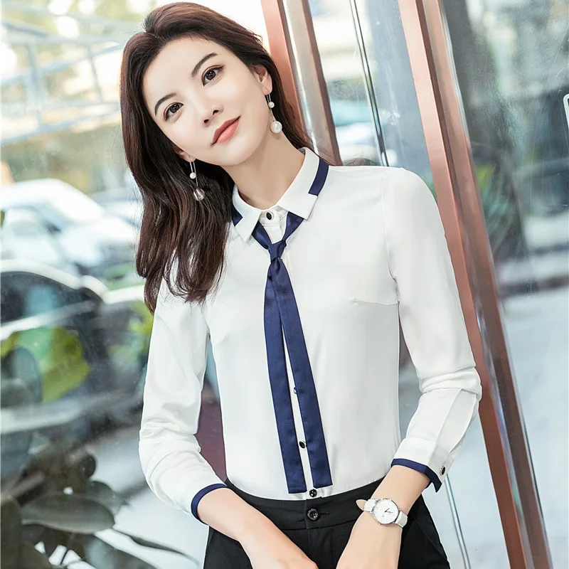2019 Spring Summer Formal Blouses and Shirts Long Sleeve Blouse for Women Clothes Business Work Wear Tops Blusas With Tie