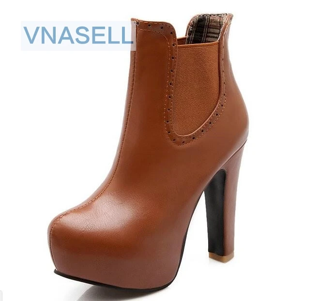 

Size 31-43 New Winter Shoes Woman Fashion Round Toe PU Leather Square High Heel Solid Classic Ankle Boot Ladies Shoes