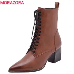 MORAZORA/Новинка 2019 года, Черные ботильоны из натуральной кожи, женские осенние ботинки на молнии с острым носком, модная женская обувь на
