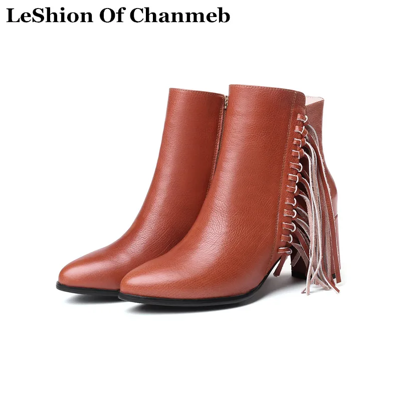 

2020 Real cow leather ankle boots women ladies boho tassel square heels soft booties autumn winter shoes woman fringe shoes 43
