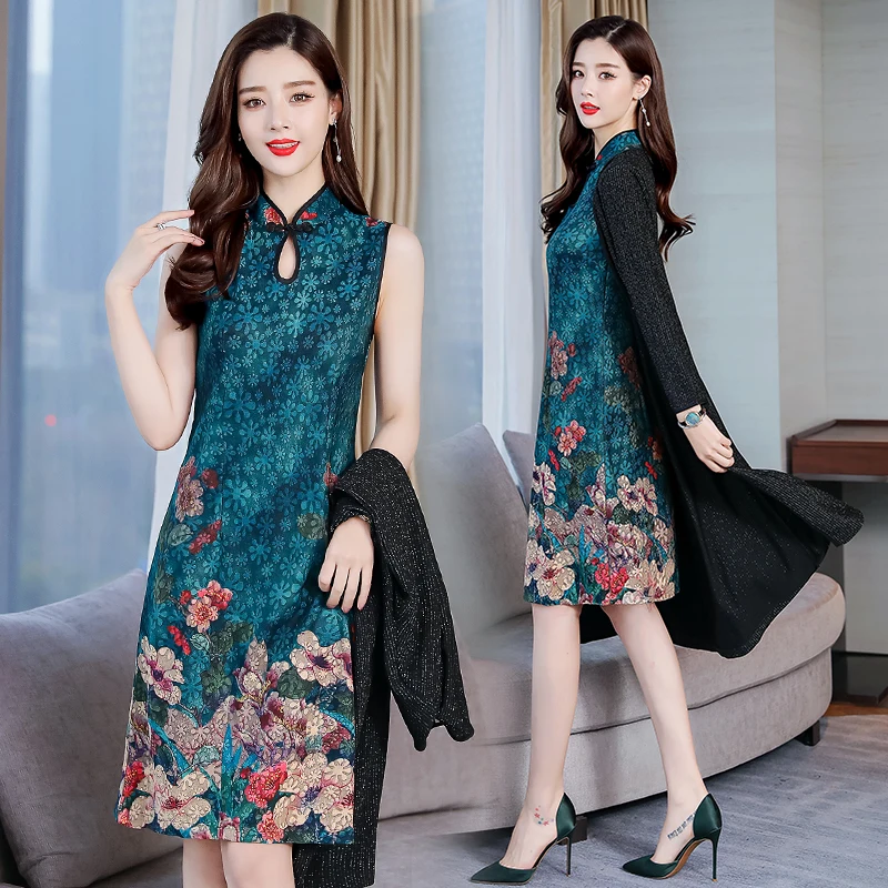

2019 Womens Spring summer Two Piece Set vintage elegant long shirt cardigan and sleeveless floral dress suits