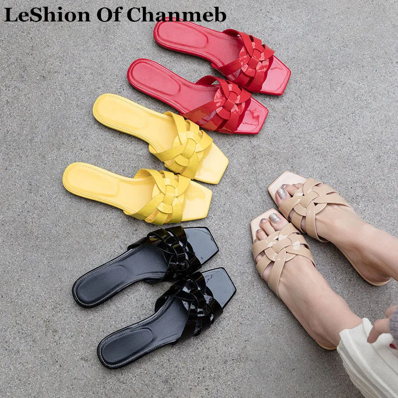 

chanclas de mujer 2019 cross strap flat slippers women plus size 43 patent leather slides lady outside indoor flip flops chinelo