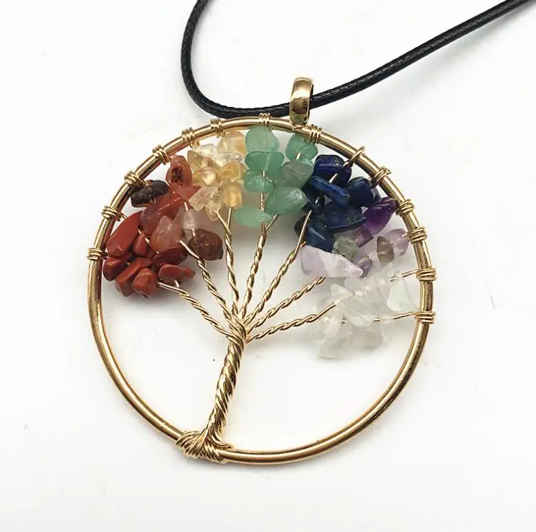 

Newest Natural Gemstone Amethyst 7 Chakra Healing Tree of Life Pendant Necklace