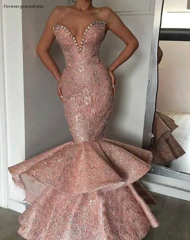 Tier Ruffle Pink Mermaid Evening Dresses Sweetheart Beaded Sequins Long Party Occasion Gowns Prom Dress Long BC1314  199 (1)