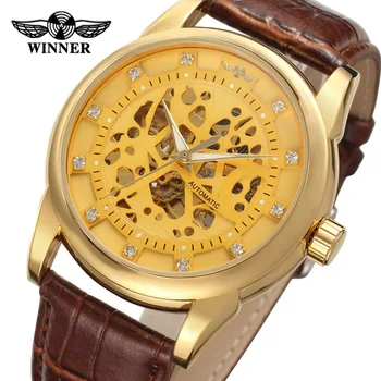 

Super Stylish Gold Color Alloy Case Skeleton Dial Brown Genuine leather Men Automatic Watch WINNER relojes de marca/WRG8097M3G2