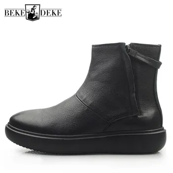 

Winter Fleece Lining Men Snow Boots Genuine Leather Harajuku Platform Shoes Zipper Round Toe Motorcycle Biker Ankle Boots