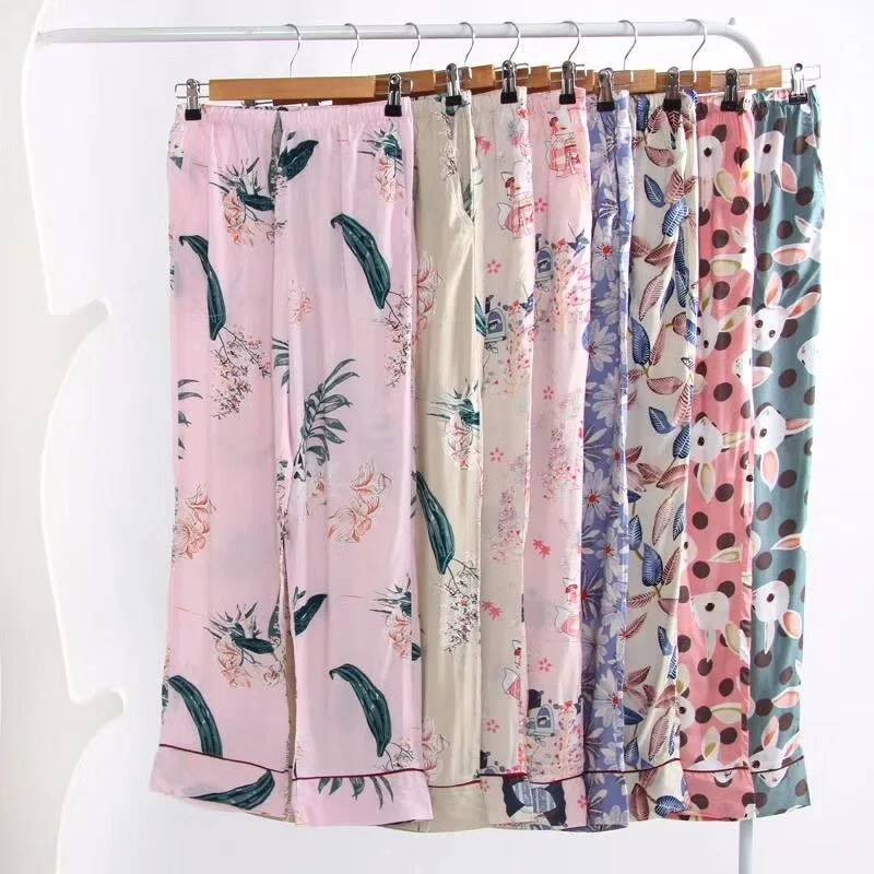 

Women Pajama Bottoms Viscose Cotton Sleep Trousers for Women Home Pants Summer Sleepwear Printed Long Pants Loungwear
