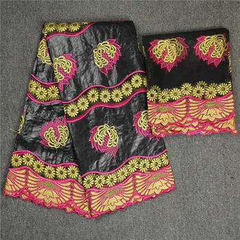 

2018 Latest Black/Rose African Lace Fabric Embroidered Bazin Riche Getzner For Men/Women Clothes 5 Yards+2Yards Cotton Tulle Lac