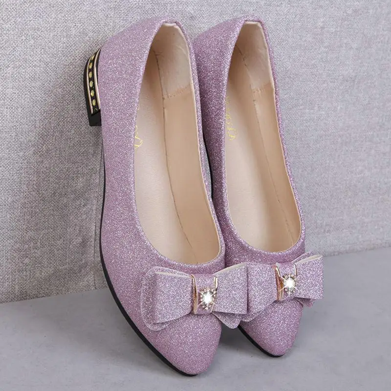 Single Shoe Women's Summer Korean Version Low-heeled Baitao Butterfly Knot Shoes Shallow Sequined Flat-soled Leisur14 - Цвет: Фиолетовый