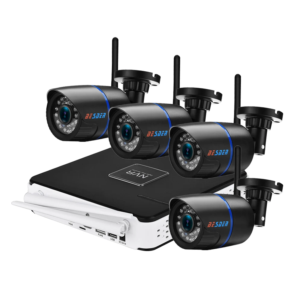 BESDER Wireless 720P/960P Plug & Play Wifi Camera CCTV Surveillance System 4 Pcs Wifi Security Bullet Camera & Wifi 4CH NVR Kit
