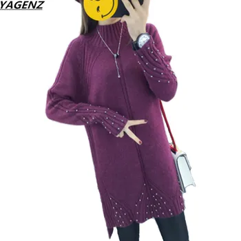 

Winter Sweater New Half-height Collar Knitted Pullover Medium Long Solid Color Split Pearl Sweater Bottom Shirt Women Clothing