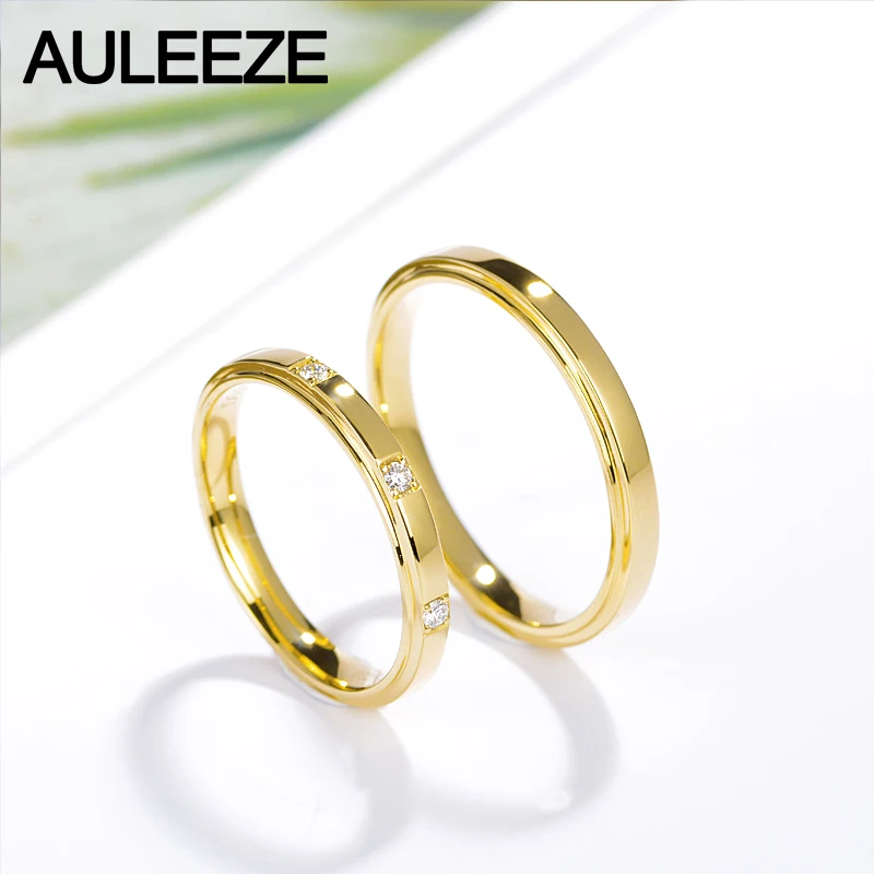 AULEEZE Romantic Three Stone Real Diamond Ring For Couple Lovers Diamond Jewelry 18k Yellow Gold Wedding Engagement Ring