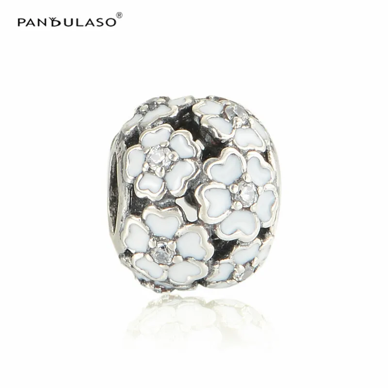 

Pandulaso 925 Silver Jewelry European Beads Primrose Charms With White Enamal & CZ Stones Fits Silver Charm Bracelet Wholesale