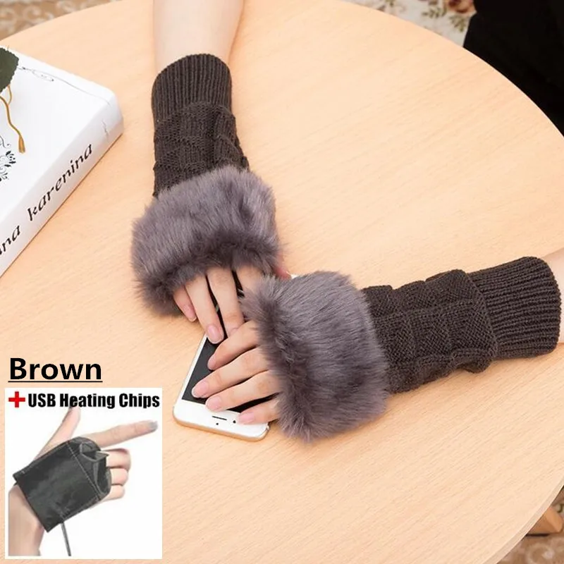 Зимние теплые студенческие домашние раздельные стильные usb-перчатки с подогревом, женские вязаные перчатки без пальцев из искусственного