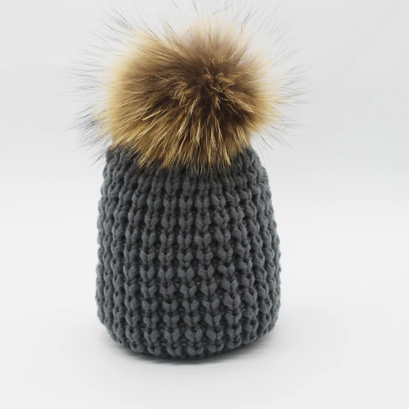 FURANDOWN Новая модная зимняя шапка, Осенняя шапка для женщин, меховая шапка с вязаным помпоном, теплая вязаная шапка Skullies Beanies - Цвет: Темно-серый