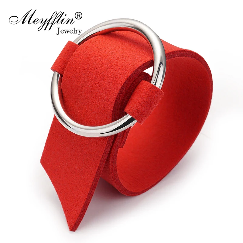 

Meyfflin Punk Velvet Width Wrap Bracelets for Women 2019 Fashion Big Circle Leather Bracelet Gold Silver Charms Pulseras Jewelry