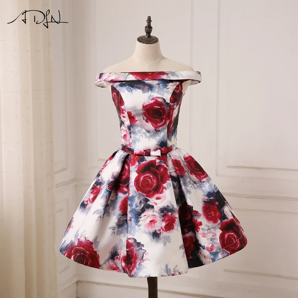 

ADLN Cheap Off the Shoulder Floral Print Cocktail Dresses Lace-up Back A-line Mini Length Prom Party Gowns Custom Made