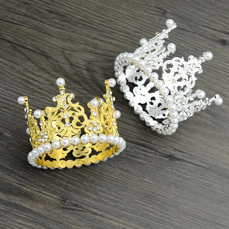 

XX0020 Silver White/Golden Color Round Rhinestone Pearl Birthday Cake Wedding Crown