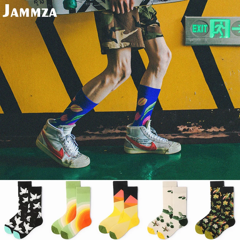 

Fashion Winter Men Socks Cotton Natural Scenery Tropical Plant Flowers Pattern Socks Peace Dove Animal Unisex Colorful Crew Sock