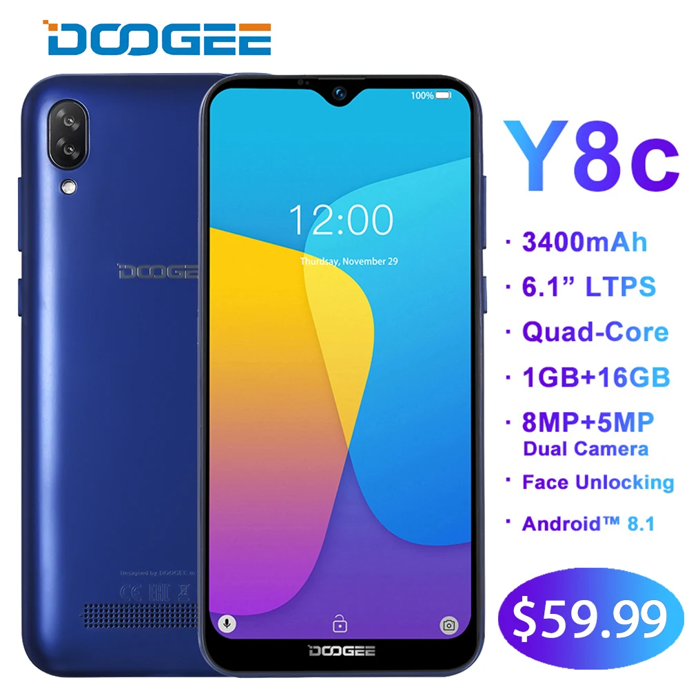 

DOOGEE Y8c 6.1inch 19:9 Waterdrop LTPS Android 8.1 Screen Smartphone Face unlocking 3400mAh 16GB ROM 8MP+5MP Mobile Phone WCDMA