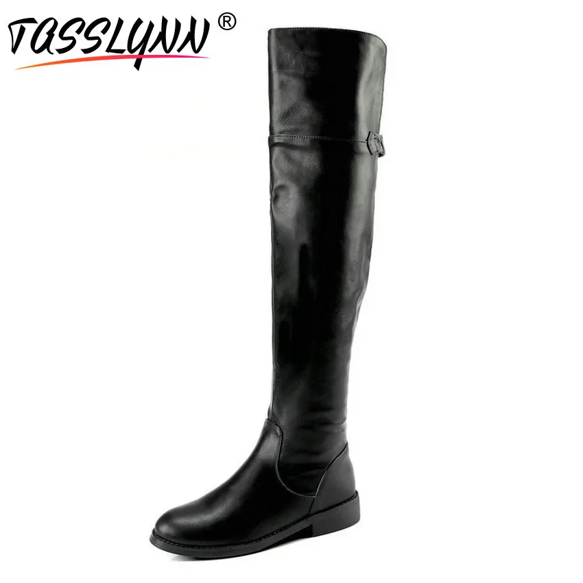 

TASSLYNN 2018 Women Boots Concise Round Toe Over The Knee Boots Zipper Convenient Low Heels Winter Boots PU Women Shoes Size 43