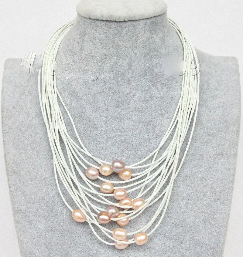 

Hot sale new Style >>>>>17"-24" 13mm 15row pink purple pearls white leather necklace