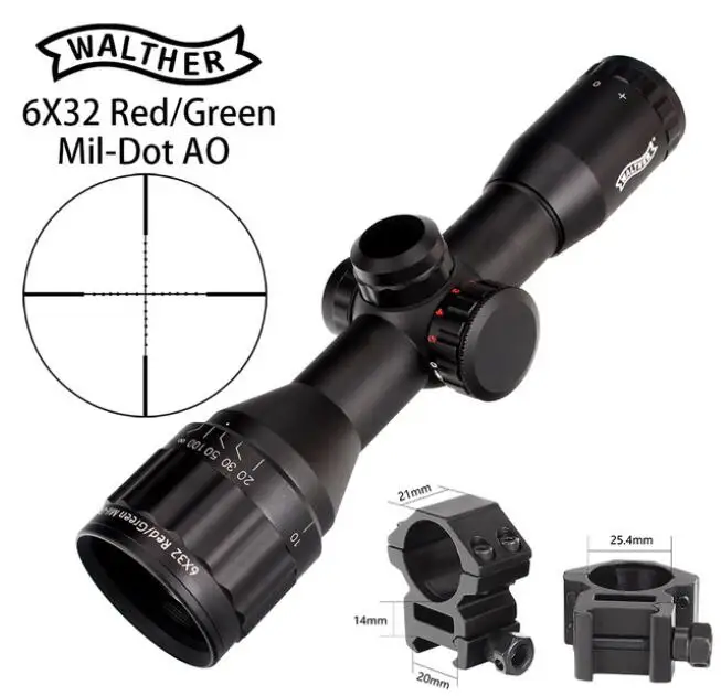 with Pictinny Rings2 WALTHER 6x32 AO Mini Mil-Dot красный и зеленый цвет с подсветкой сетка охотничий прицел тактический оптический прицел тропа прицел - Цвет: with Pictinny Rings2