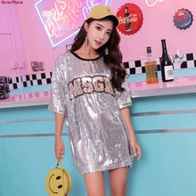 SexeMara/Модная Новинка; свободная футболка с короткими рукавами с надписью и блестками;