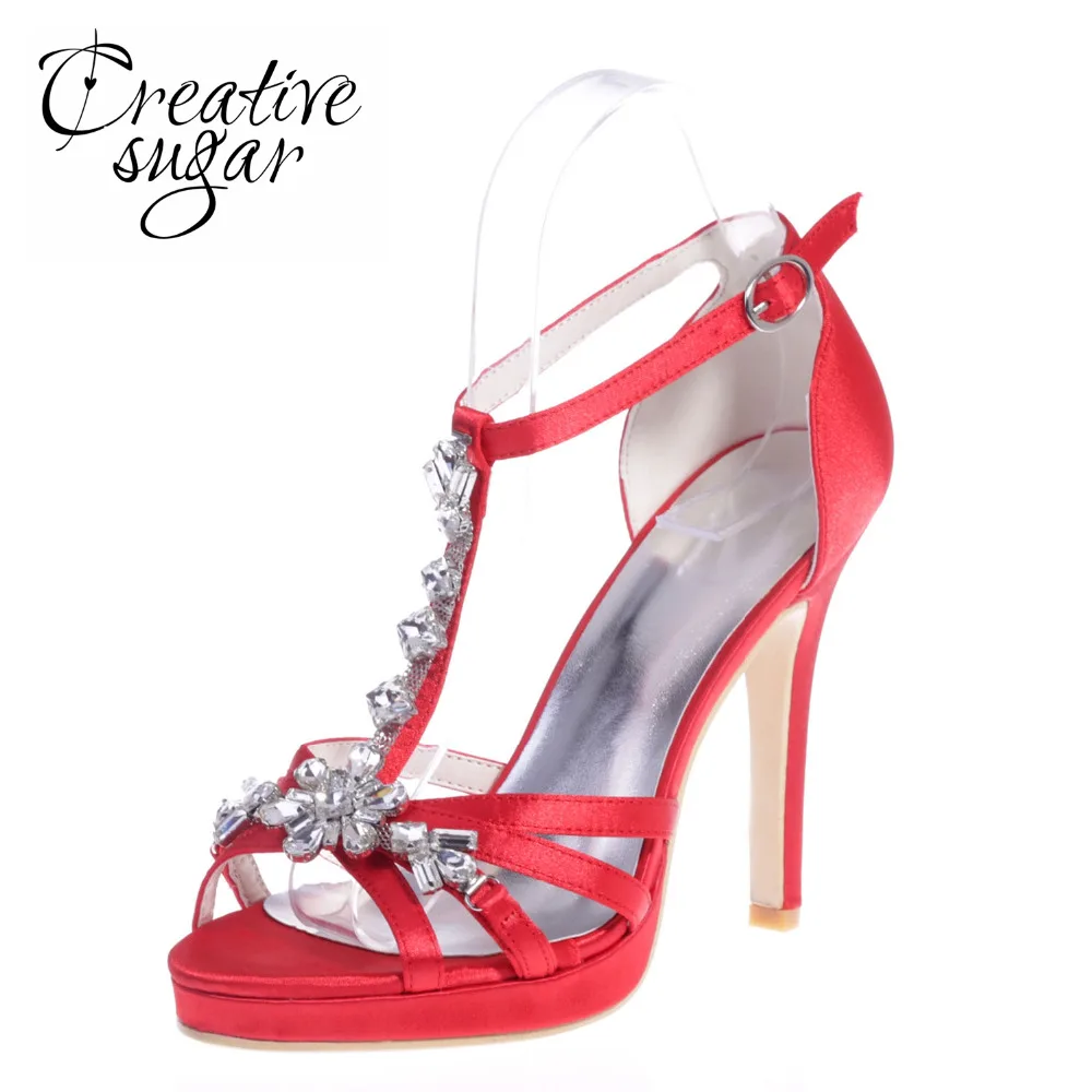 Creativesugar woman crystal gem sandals cover heel ankle strap high