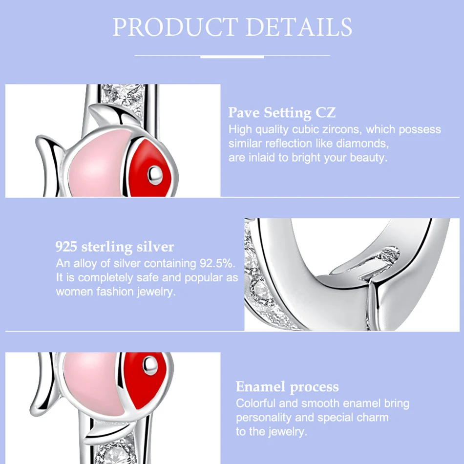 ELESHE Authentic 925 Sterling Silver Earrings AAA Zircon Crystal Red Enamel Fish Stud Earrings For Girls Kids Children Jewelry