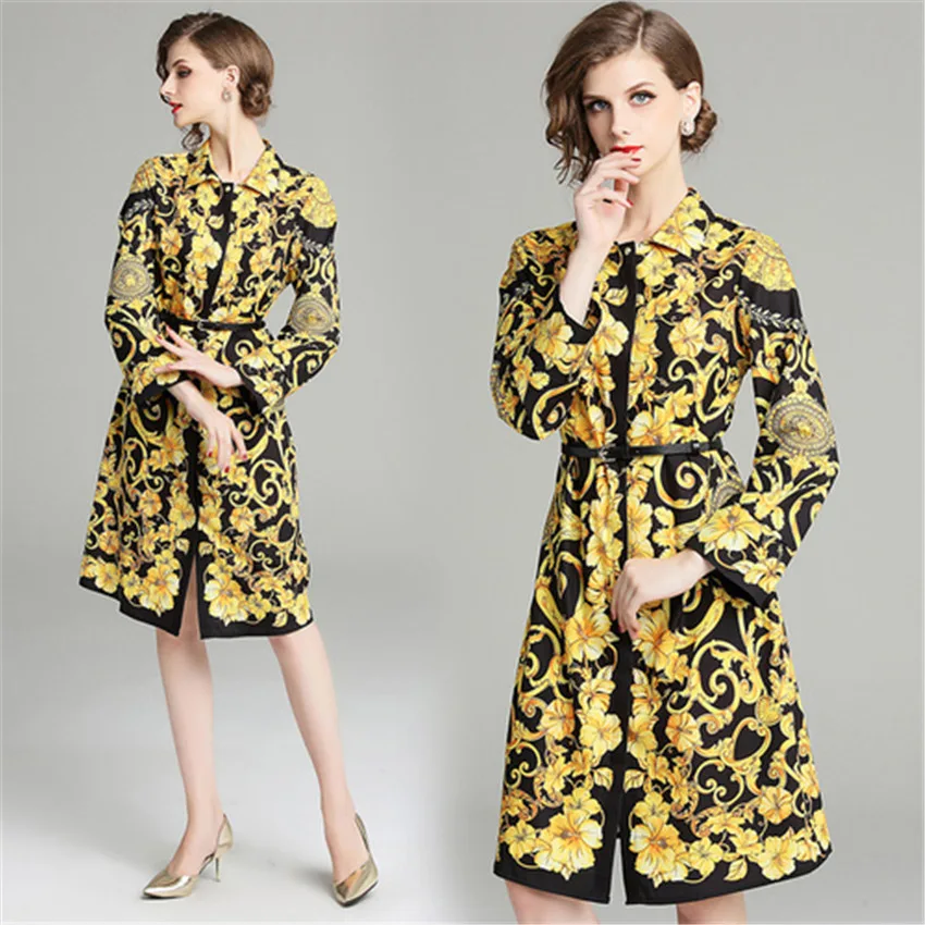 

New Arrival Runway Retro Dresses Baroque Print Collar A-Line sexy Dress Sleeve Women Lady Party Casual Dress vestidos Streetwear